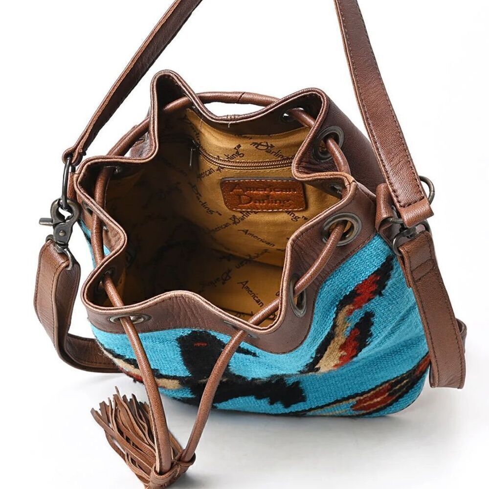 New Western Woven Thunderbird Leather Bucket Handbag Womens Drawstring Purse - Picture 6 of 8
